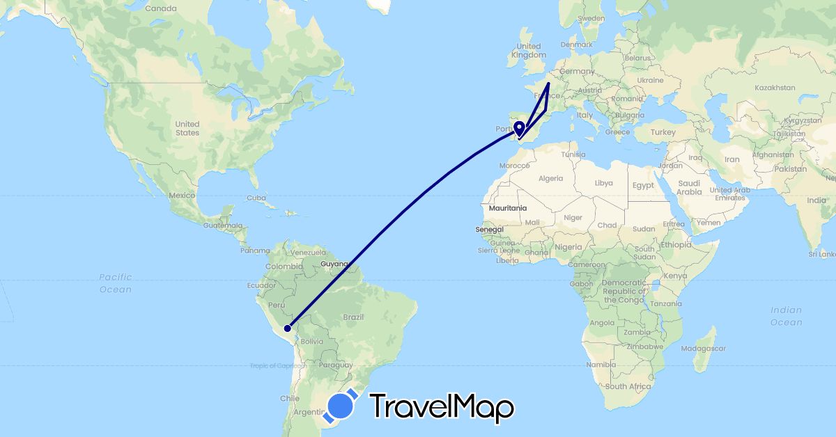 TravelMap itinerary: driving in Spain, France, Peru (Europe, South America)